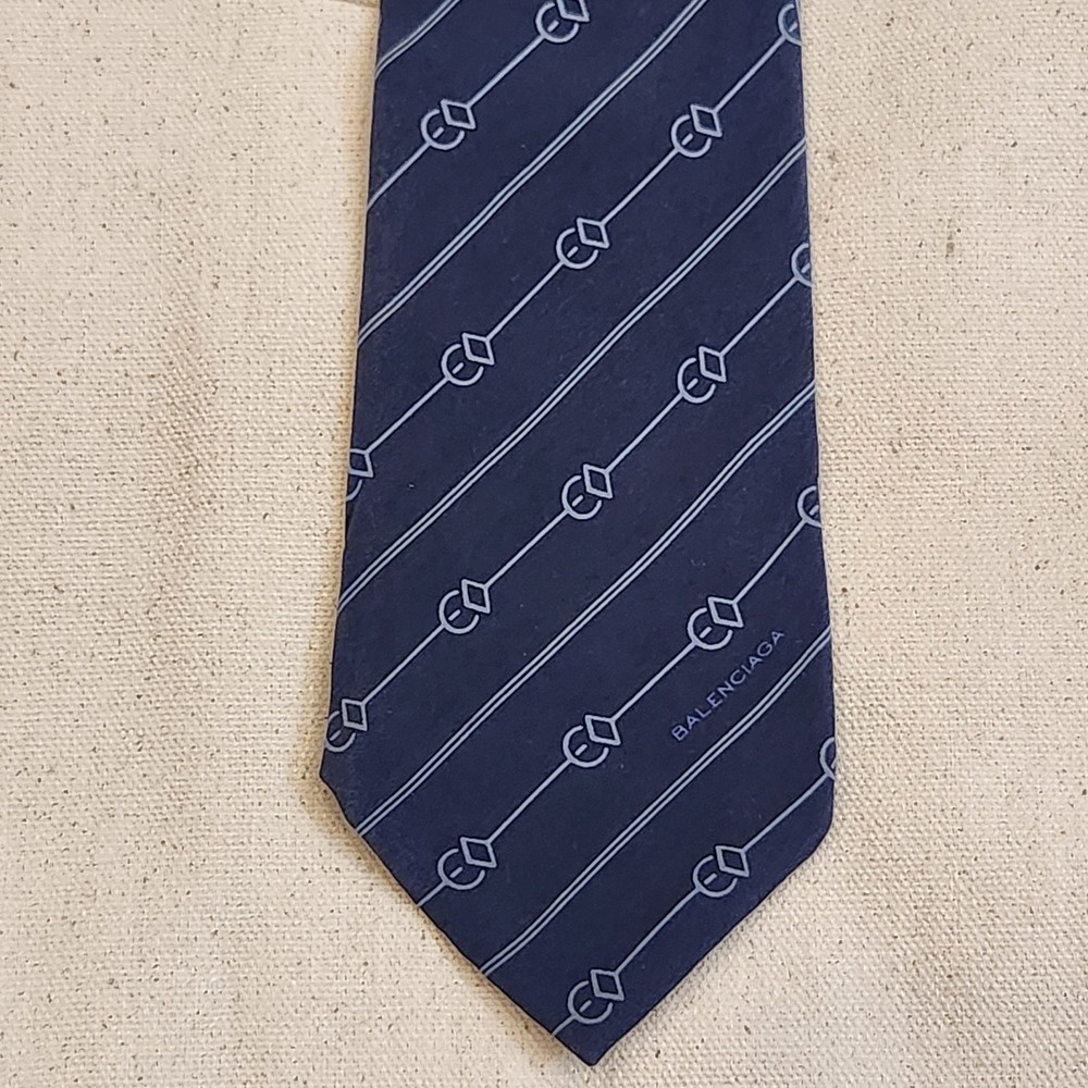 Vintage Balenciaga Silk Tie Navy Blue Monogram BB Logo Geometric Diagonal Stripe